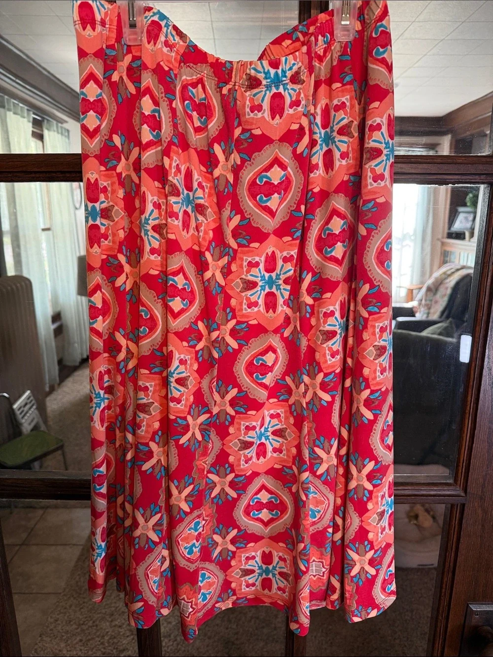 Allison Daley‎ Red Orange Medallion Print Lined Midi Skirt Size 12 Elastic Waist